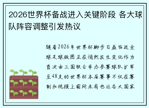 2026世界杯备战进入关键阶段 各大球队阵容调整引发热议